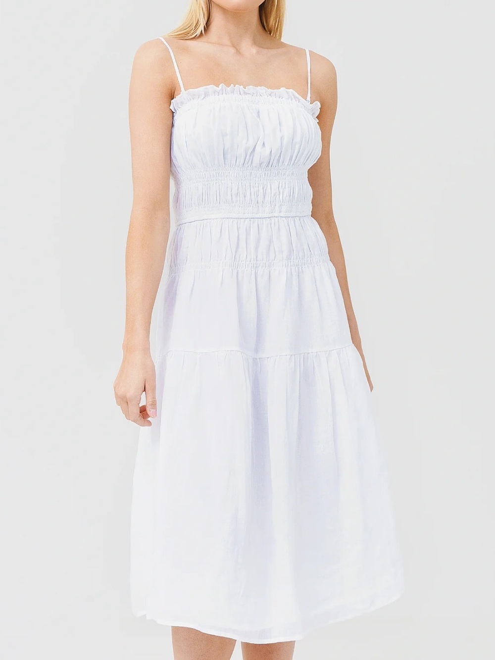 FRAME White Smocked Midi Dress